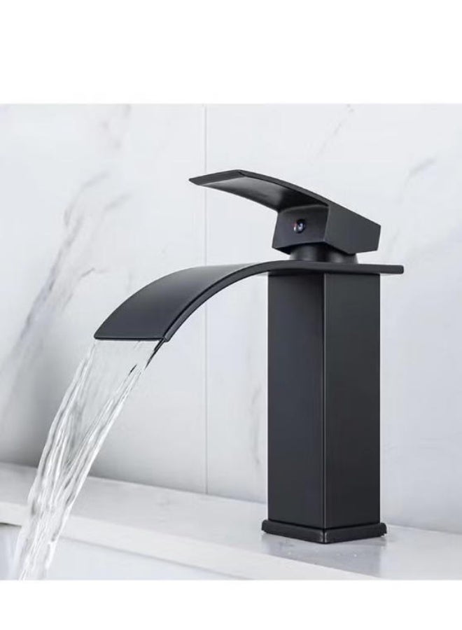 هالونهي صنابير حمام من الفولاذ المقاوم للصدأ، صنابير حوض حمام بتصميم شلال، صنابير خلط الماء الساخن والبارد، صنابير حوض حمام حديثة بفتحة واحدة مثبتة على سطح الطاولة (أسود) - Image 2